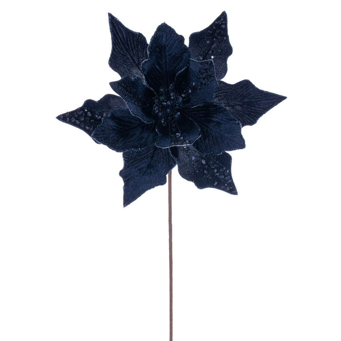 20"x10" Glittered Velvet Striped Artificial Poinsettia Flower Stem -Midnight Blue (Pack of 12) - RG240731