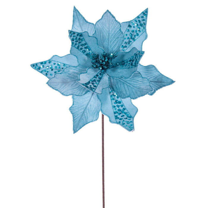 20"x10" Glittered Velvet Striped Artificial Poinsettia Flower Stem -Baby Blue (Pack of 12) - RG240732