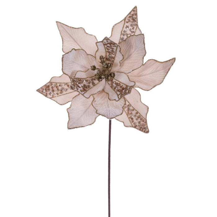 20"x10" Glittered Velvet Striped Artificial Poinsettia Flower Stem -Champagne (Pack of 12) - RG240738