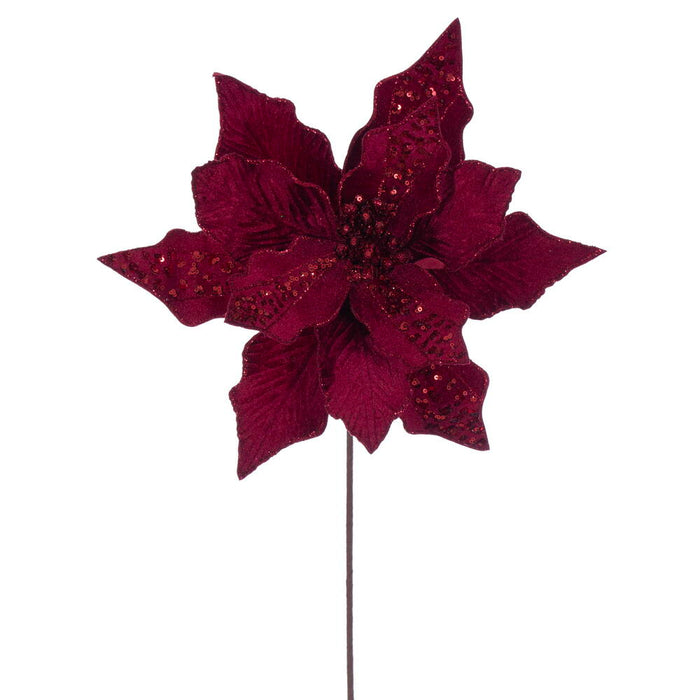 20"x10" Glittered Velvet Striped Artificial Poinsettia Flower Stem -Burgundy (Pack of 12) - RG240765