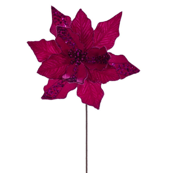 20"x10" Glittered Velvet Striped Artificial Poinsettia Flower Stem -Fuchsia (Pack of 12) - RG240770