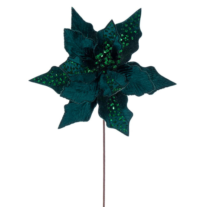 20"x10" Glittered Velvet Striped Artificial Poinsettia Flower Stem -Midnight Green (Pack of 12) - RG240774