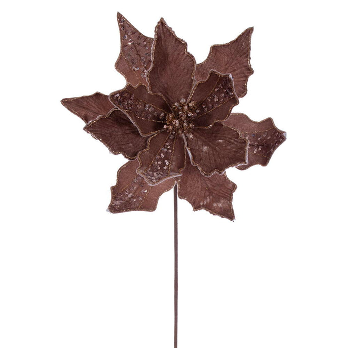 20"x10" Glittered Velvet Striped Artificial Poinsettia Flower Stem -Mocha (Pack of 12) - RG240776