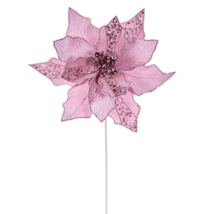 20"x10" Glittered Velvet Striped Artificial Poinsettia Flower Stem -Pink (Pack of 12) - RG240779
