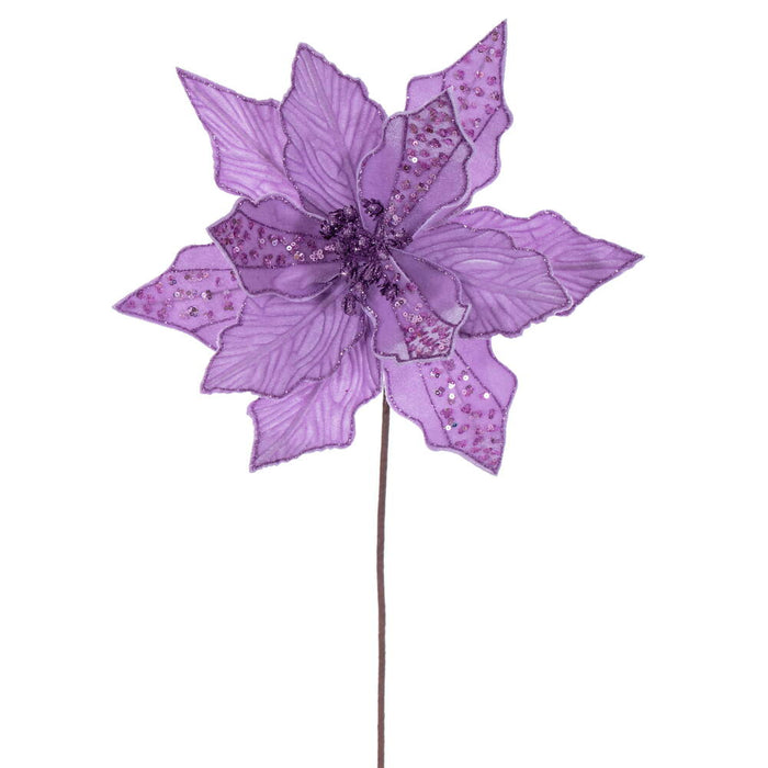 20"x10" Glittered Velvet Striped Artificial Poinsettia Flower Stem -Lavender (Pack of 12) - RG240786