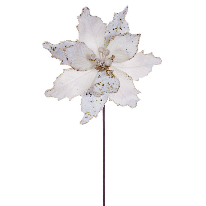 20"x11.5" Sugar & Beaded Velvet Artificial Poinsettia Flower Stem -Cream (Pack of 12) - RG240901