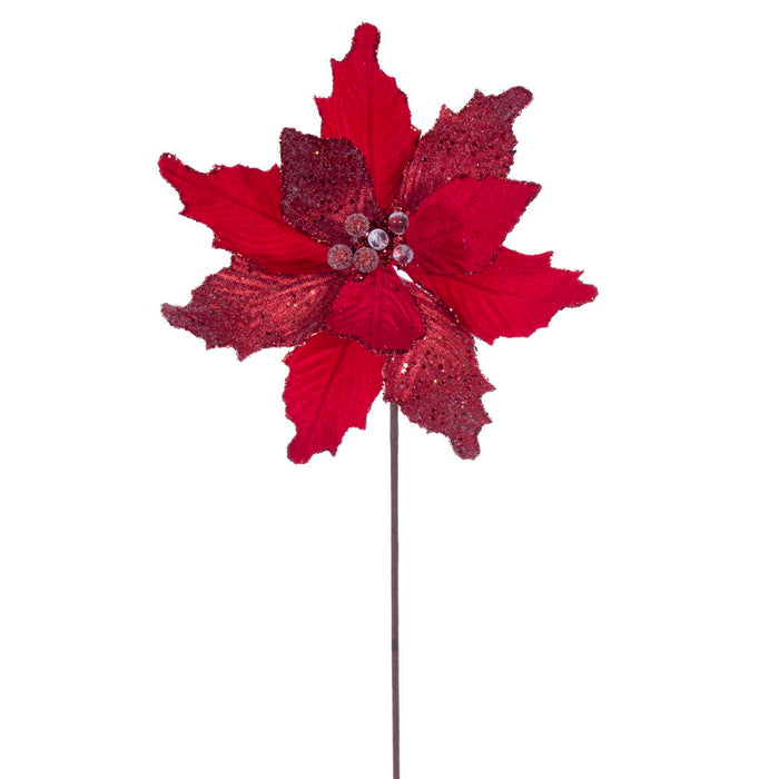 20"x11.5" Sugar & Beaded Velvet Artificial Poinsettia Flower Stem -Red (Pack of 12) - RG240903