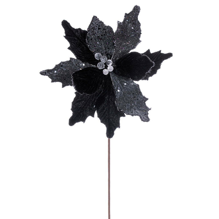 20"x11.5" Sugar & Beaded Velvet Artificial Poinsettia Flower Stem -Black (Pack of 12) - RG240917