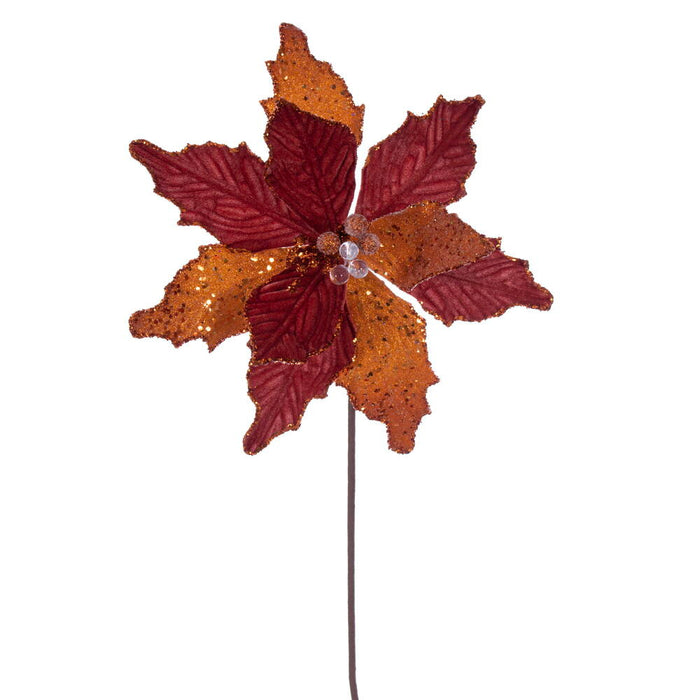 20"x11.5" Sugar & Beaded Velvet Artificial Poinsettia Flower Stem -Burnish Orange (Pack of 12) - RG240918