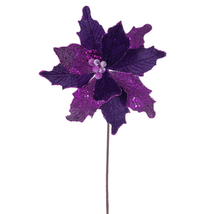 20"x11.5" Sugar & Beaded Velvet Artificial Poinsettia Flower Stem -Plum (Pack of 12) - RG240926