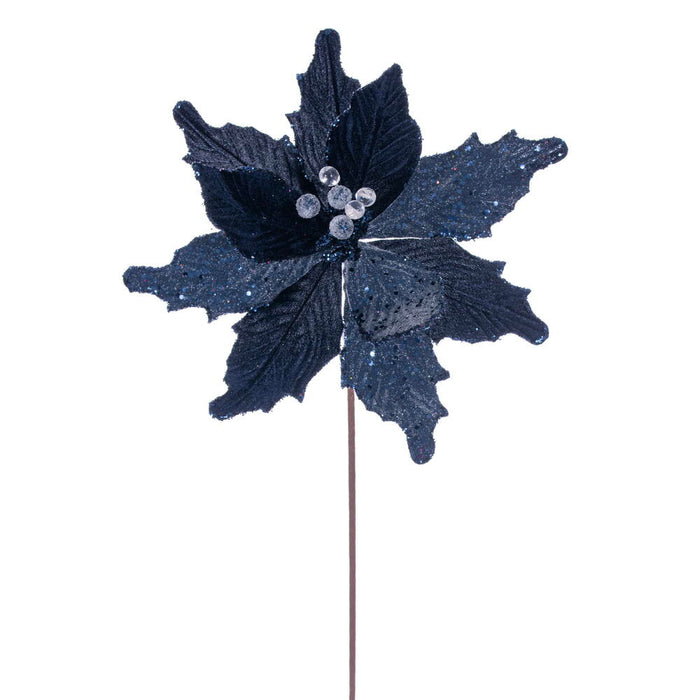20"x11.5" Sugar & Beaded Velvet Artificial Poinsettia Flower Stem -Midnight Blue (Pack of 12) - RG240931