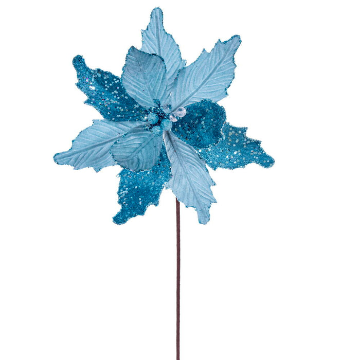 20"x11.5" Sugar & Beaded Velvet Artificial Poinsettia Flower Stem -Baby Blue (Pack of 12) - RG240932