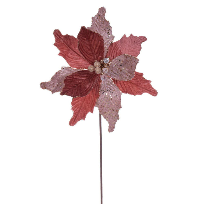 20"x11.5" Sugar & Beaded Velvet Artificial Poinsettia Flower Stem -Rose Gold (Pack of 12) - RG240958