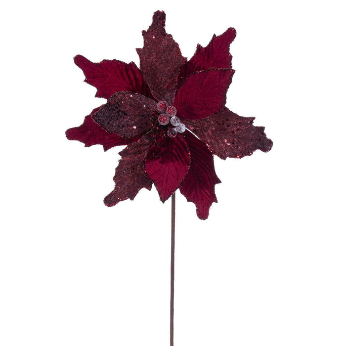 20"x11.5" Sugar & Beaded Velvet Artificial Poinsettia Flower Stem -Burgundy (Pack of 12) - RG240965