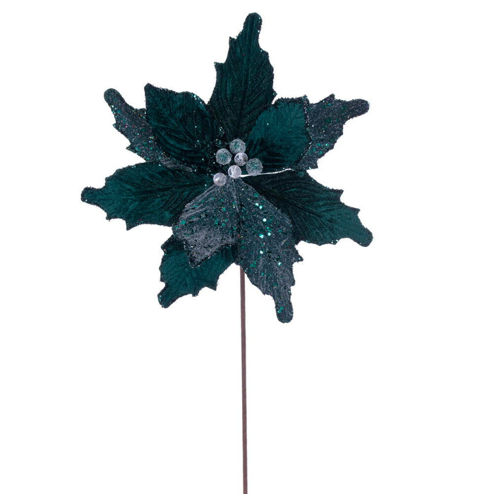 20"x11.5" Sugar & Beaded Velvet Artificial Poinsettia Flower Stem -Midnight Green (Pack of 12) - RG240974