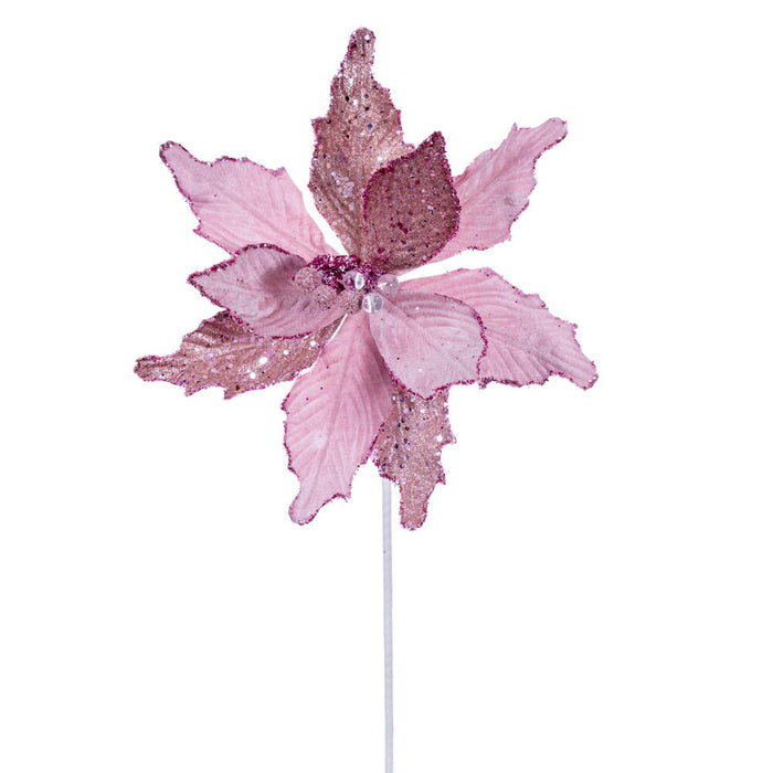 20"x11.5" Sugar & Beaded Velvet Artificial Poinsettia Flower Stem -Pink (Pack of 12) - RG240979