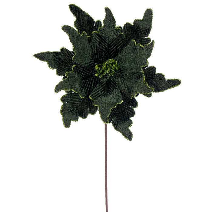 20"x13" Glittered Velvet Artificial Poinsettia Flower Stem -Green (Pack of 12) - RG241504