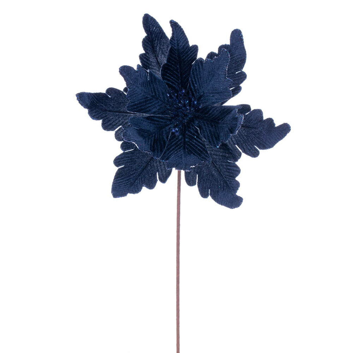 20"x13" Glittered Velvet Artificial Poinsettia Flower Stem -Midnight Blue (Pack of 12) - RG241531