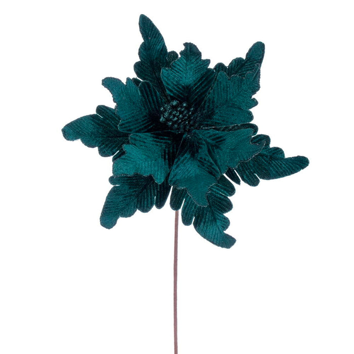 20"x13" Glittered Velvet Artificial Poinsettia Flower Stem -Midnight Green (Pack of 12) - RG241574