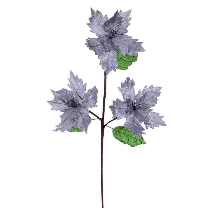 26"x6" Glittered Velvet Artificial Razor Poinsettia Flower Stem -Silver (Pack of 12) - RG241707