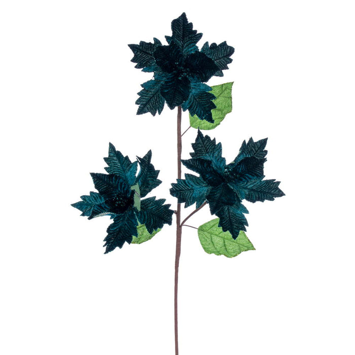 26"x6" Glittered Velvet Artificial Razor Poinsettia Flower Stem -Midnight Green (Pack of 12) - RG241774