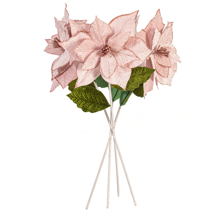20"x12" Glittered Classic Velvet Artificial Poinsettia Flower Stem -Pink (Pack of 12) - RG242179