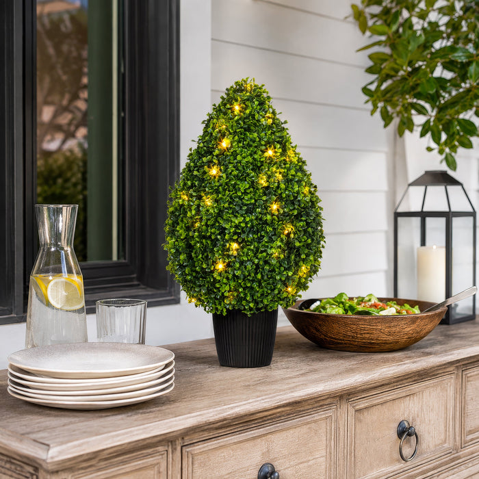 24" Outdoor UV-Resistant Artificial Boxwood Teardrop-Shaped Topiary w/Planter, Micro LED Pre-Lit -Green - TP171524LED