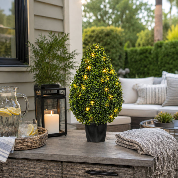 24" Outdoor UV-Resistant Artificial Boxwood Teardrop-Shaped Topiary w/Planter, Micro LED Pre-Lit -Green - TP171524LED