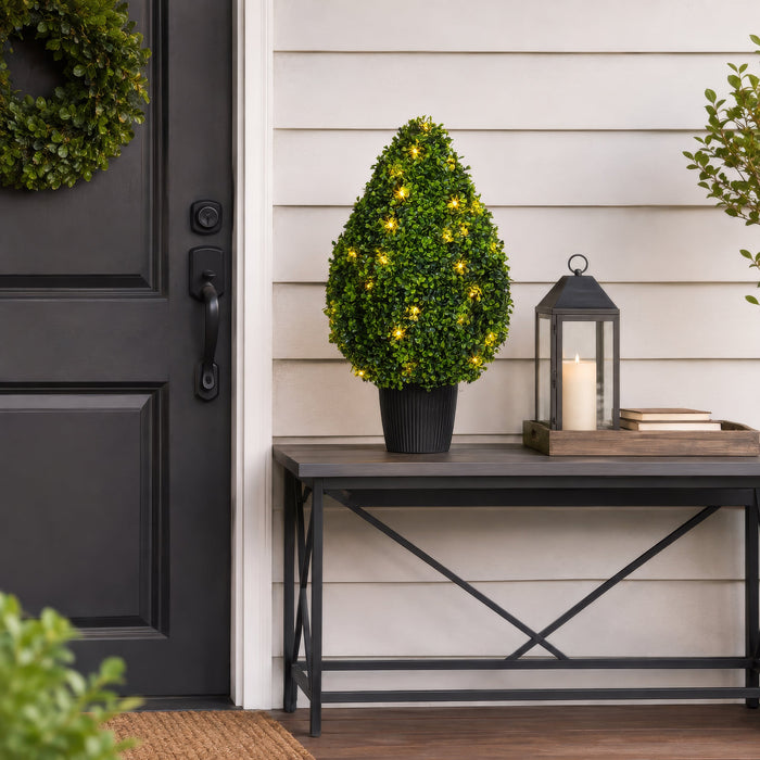 24" Outdoor UV-Resistant Artificial Boxwood Teardrop-Shaped Topiary w/Planter, Micro LED Pre-Lit -Green - TP171524LED