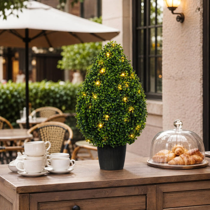 24" Outdoor UV-Resistant Artificial Boxwood Teardrop-Shaped Topiary w/Planter, Micro LED Pre-Lit -Green - TP171524LED