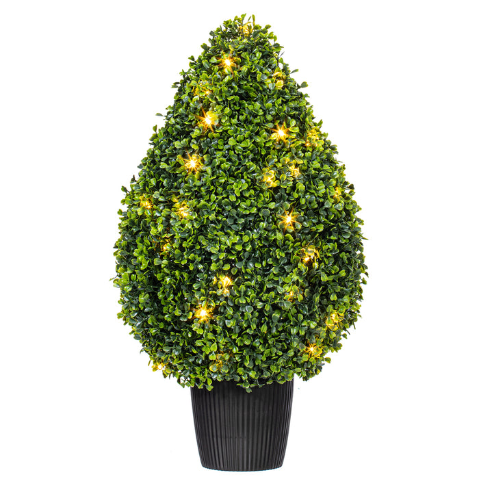 24" Outdoor UV-Resistant Artificial Boxwood Teardrop-Shaped Topiary w/Planter, Micro LED Pre-Lit -Green - TP171524LED