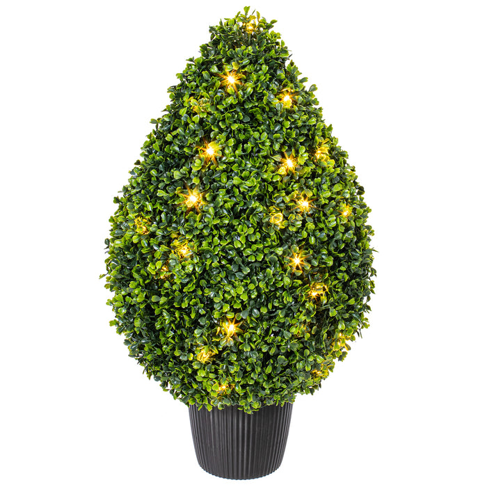 24" Outdoor UV-Resistant Artificial Boxwood Teardrop-Shaped Topiary w/Planter, Micro LED Pre-Lit -Green - TP171524LED