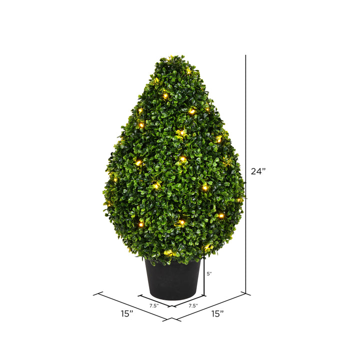 24" Outdoor UV-Resistant Artificial Boxwood Teardrop-Shaped Topiary w/Planter, Micro LED Pre-Lit -Green - TP171524LED