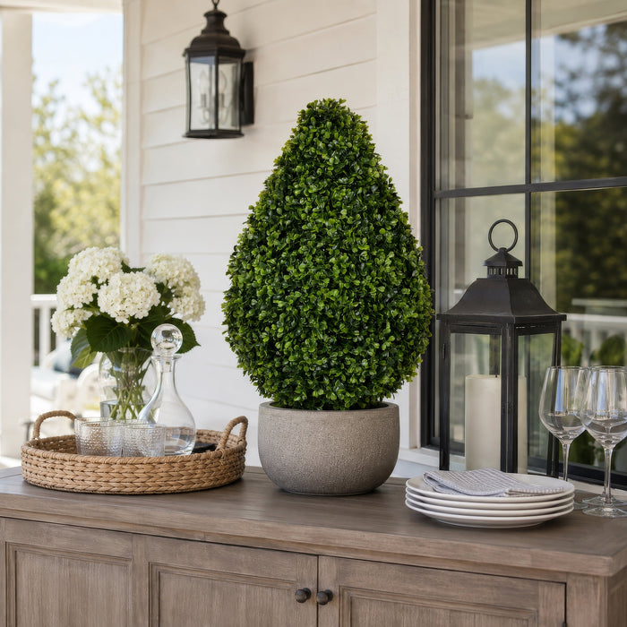 24" Outdoor UV-Resistant Artificial Boxwood Teardrop-Shaped Topiary w/Pot -Green - TP171524