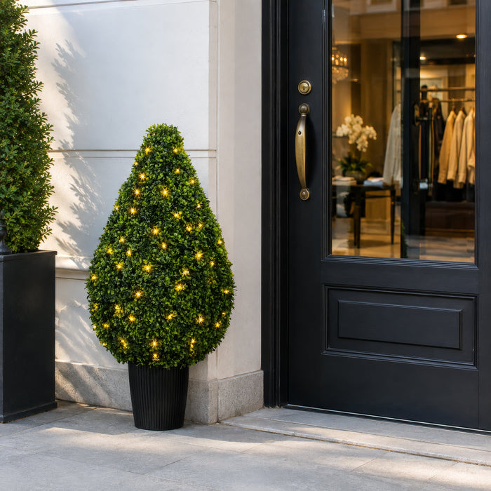 36" Outdoor UV-Resistant Artificial Boxwood Teardrop-Shaped Topiary w/Planter, Micro LED Pre-Lit -Green - TP171536LED
