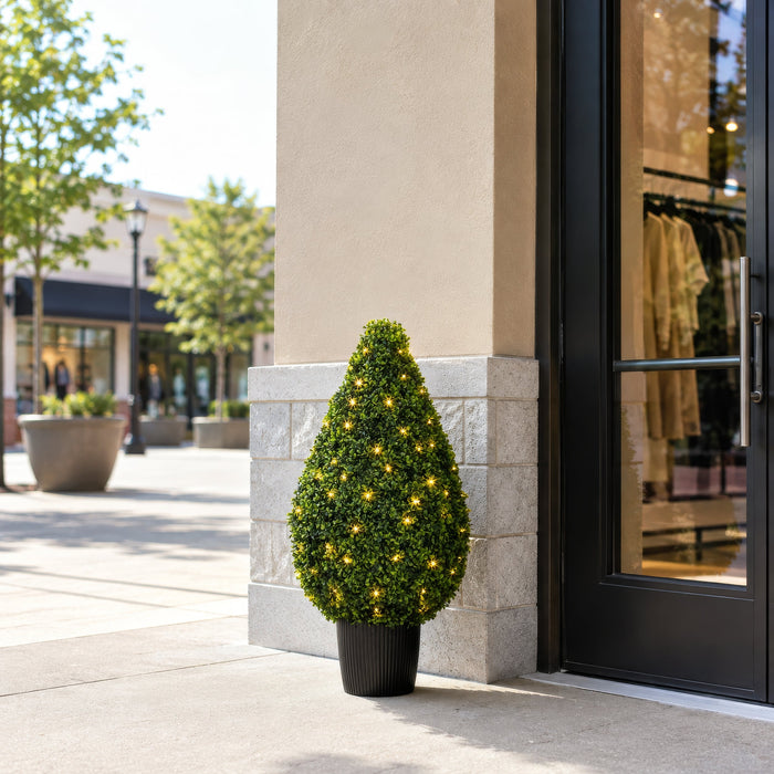 36" Outdoor UV-Resistant Artificial Boxwood Teardrop-Shaped Topiary w/Planter, Micro LED Pre-Lit -Green - TP171536LED