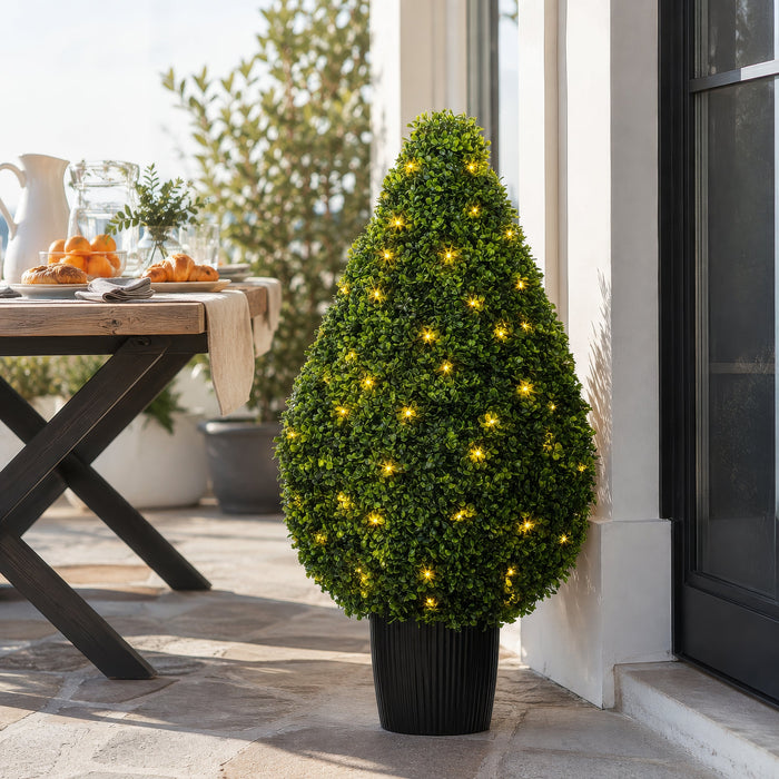 36" Outdoor UV-Resistant Artificial Boxwood Teardrop-Shaped Topiary w/Planter, Micro LED Pre-Lit -Green - TP171536LED