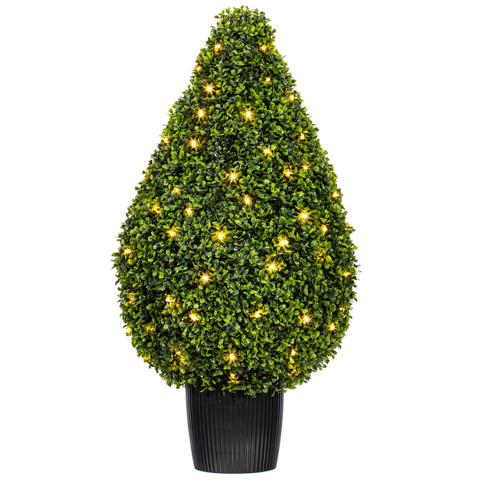 36" Outdoor UV-Resistant Artificial Boxwood Teardrop-Shaped Topiary w/Planter, Micro LED Pre-Lit -Green - TP171536LED