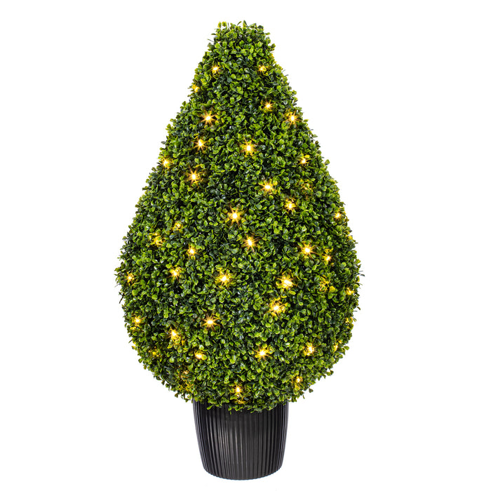36" Outdoor UV-Resistant Artificial Boxwood Teardrop-Shaped Topiary w/Planter, Micro LED Pre-Lit -Green - TP171536LED