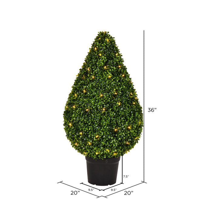 36" Outdoor UV-Resistant Artificial Boxwood Teardrop-Shaped Topiary w/Planter, Micro LED Pre-Lit -Green - TP171536LED
