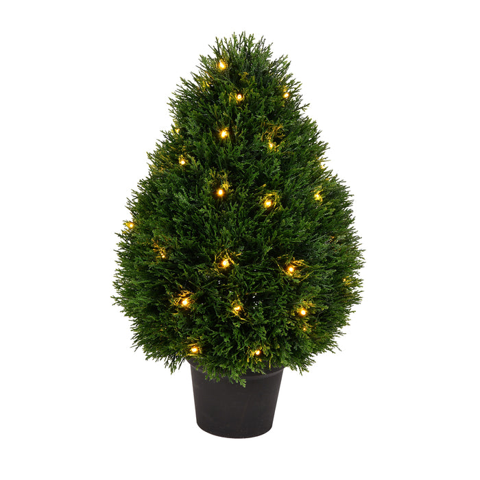 24" Outdoor UV-Resistant Artificial Cedar Teardrop-Shaped Topiary w/Planter, Micro LED Pre-Lit -Green - TP171624LED