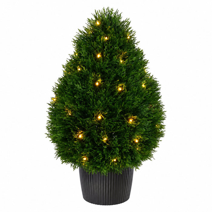 24" Outdoor UV-Resistant Artificial Cedar Teardrop-Shaped Topiary w/Planter, Micro LED Pre-Lit -Green - TP171624LED