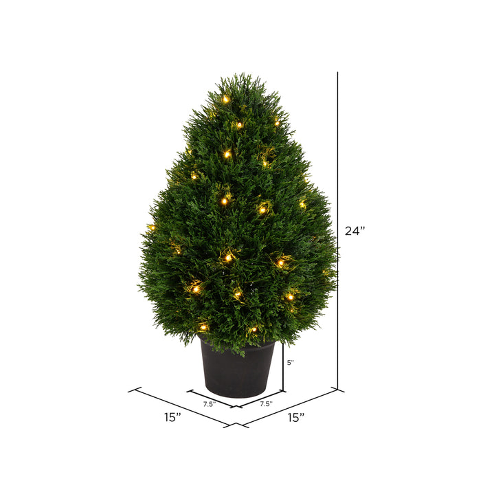 24" Outdoor UV-Resistant Artificial Cedar Teardrop-Shaped Topiary w/Planter, Micro LED Pre-Lit -Green - TP171624LED