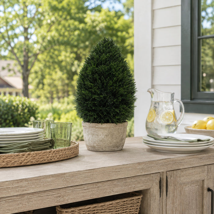 24" Outdoor UV-Resistant Artificial Cedar Teardrop-Shaped Topiary w/Pot -Green - TP171624