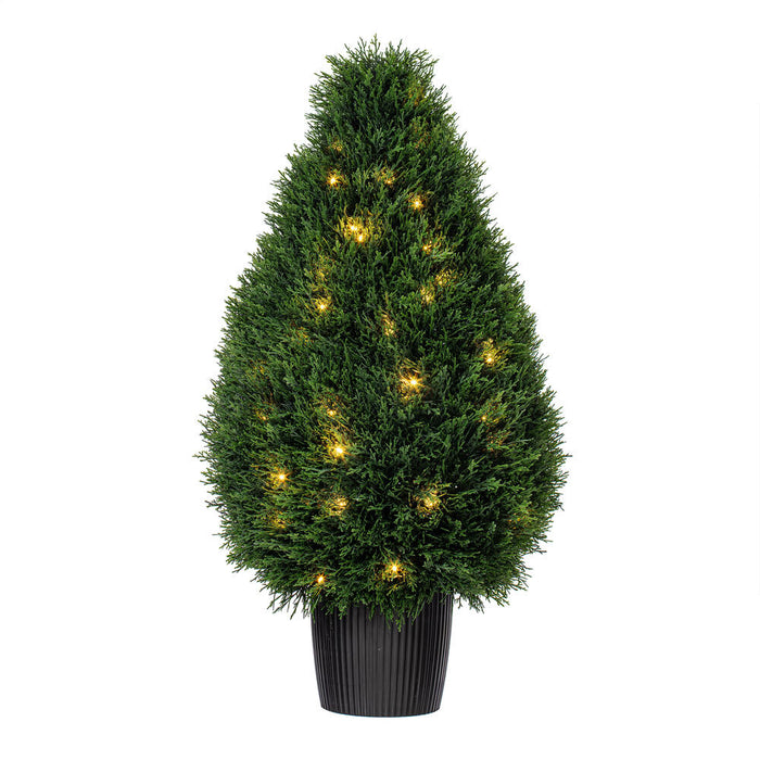 36" Outdoor UV-Resistant Artificial Cedar Teardrop-Shaped Topiary w/Planter, Micro LED Pre-Lit -Green - TP171636LED