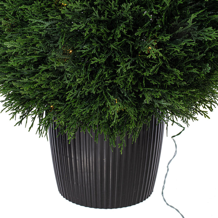 24" Outdoor UV-Resistant Artificial Cedar Teardrop-Shaped Topiary w/Planter, Micro LED Pre-Lit -Green - TP171624LED