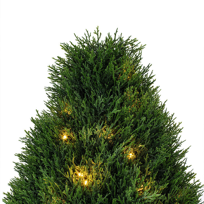 24" Outdoor UV-Resistant Artificial Cedar Teardrop-Shaped Topiary w/Planter, Micro LED Pre-Lit -Green - TP171624LED