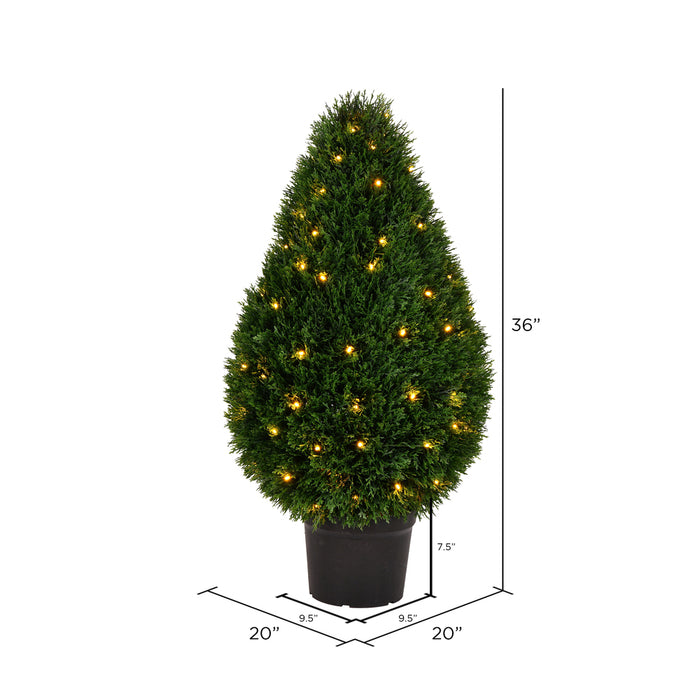 36" Outdoor UV-Resistant Artificial Cedar Teardrop-Shaped Topiary w/Planter, Micro LED Pre-Lit -Green - TP171636LED