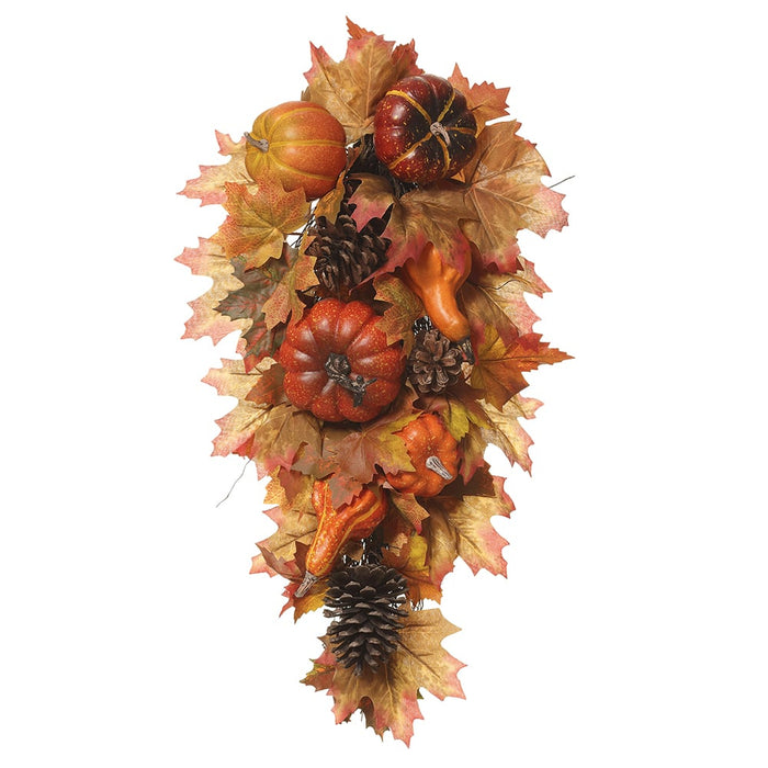 24" Artificial Pumpkin & Pinecone Teardrop Door Swag -Orange/Brown (Pack of 4) - VAP670-OR/BR