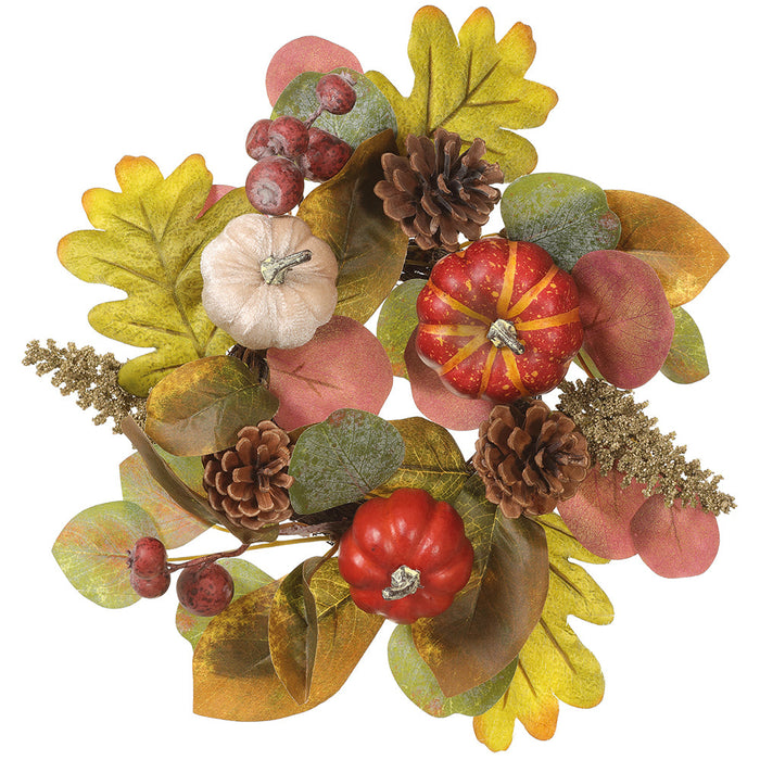 12" Wide Artificial Pumpkin & Pinecone Candle Ring Holder -Orange/Green (pack of 6) - VCP126-OR/GR